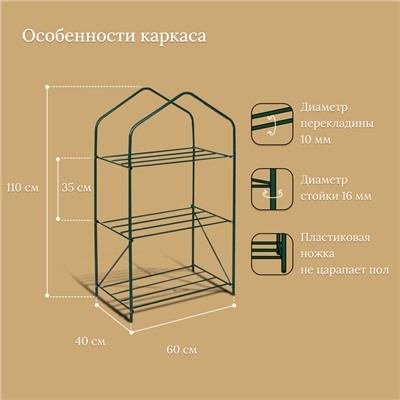 Стеллаж для рассады, 3 полки, 110 × 65 × 40 см, металлический каркас d = 16 мм, без чехла