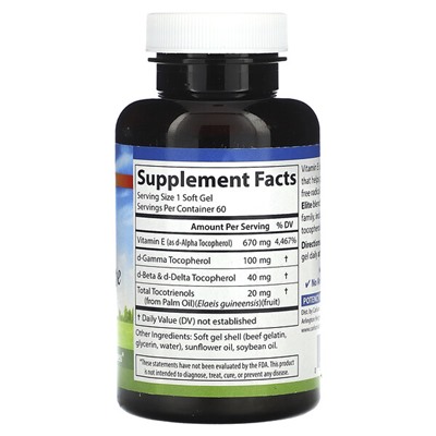 Carlson E-Gems Elite, Vitamin E with Tocopherols & Tocotrienols, 670 mg (1,000 IU), 60 Soft Gels