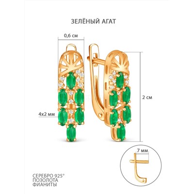 Серьги из золочёного серебра с зелёным агатом и фианитами 925 пробы 05-202-0386-24