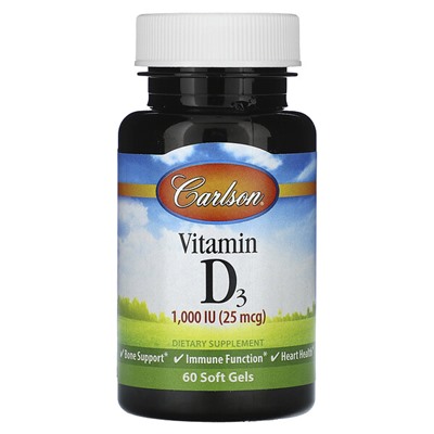 Carlson Vitamin D3, 25 mcg (1,000 IU), 60 Soft Gels