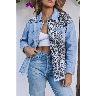 Sky Blue Leopard Contrast Splice Denim Jacket