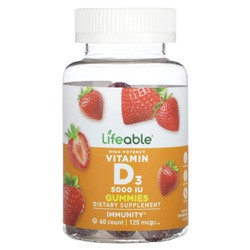 Lifeable Vitamin D3 Gummies, High Potency, Natural Strawberry, 62.5 mg (2,500 IU), 60 Gummies