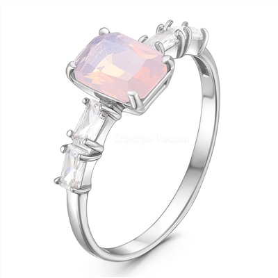 Кольцо женское из серебра с плавленым кварцем цвета лунный розовый и фианитами родированное
