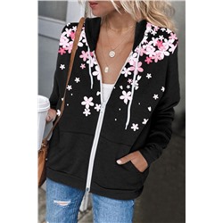 Black Cherry Blossoms Print Pocketed Zipped Hooded Coat