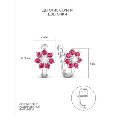 Серьги детские Цветочки из серебра с фианитами родированные