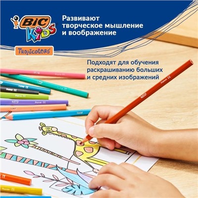 Карандаши 12 цветов, детские, шестигранные, BIC Kids Tropicolors, пластиковые, ударопрочный грифель 3.2мм, картонная упаковка