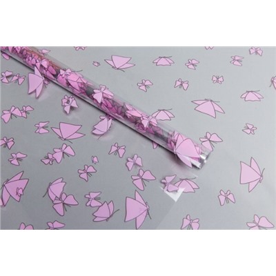 Пленка упаковочная прозрачная с рисунком для цветов и подарков в рулоне Мотыльки розовый 60 см 62629