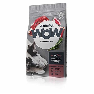 АльфаПет. Сухой корм Super Premium WOW для собак средних пород говядина и сердце, 2кг 1577 АГ
