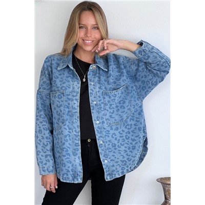 Sky Blue Oversized Leopard Denim Jacket with Pockets