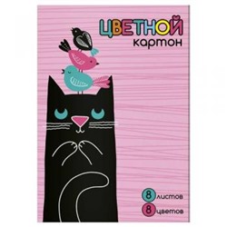 Набор цветного картона мелованного А4  8л 8цв. "ЧЁРНЫЙ КОТ" в папке 59660 Феникс {Россия}