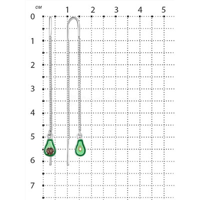Серьги-продёвки из серебра с эмалью и фианитом родированные-Авокадо