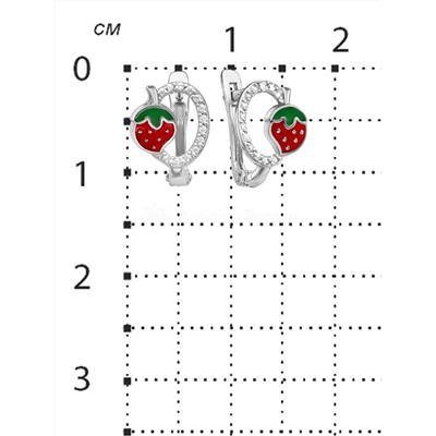 Серьги детские из родированного серебра с эмалью и фианитами - Клубнички