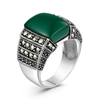 Кольцо роскошное женское из чернёного серебра с натуральным зелёным агатом и марказитами