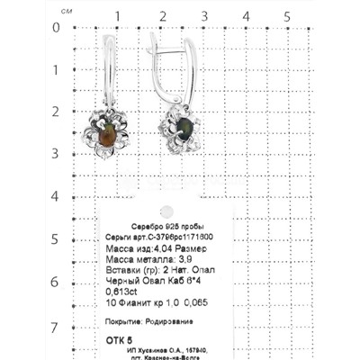 Серьги из серебра с нат. опалом черный овал и фианитами родированные