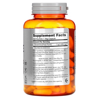 NOW Foods Sports, L-Glutamine, Double Strength, 1,000 mg, 120 Veg Capsules