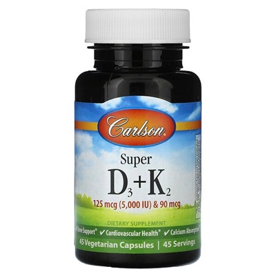 Carlson Super D3 + K2, 45 Vegetarian Capsules