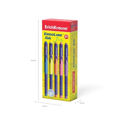 Ручка шариковая ErichKrause ErgoLine Kids Ultra Glide, первоклассника, эргономичный держатель, корпус Soft-touch, узел 0.7 мм, чернила синие, микс