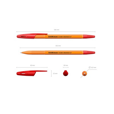 Ручка шариковая ErichKrause R-301 Orange Stick, узел 0.7 мм, чернила красные, длина линии письма 2000 метров, штрихкод на ручке