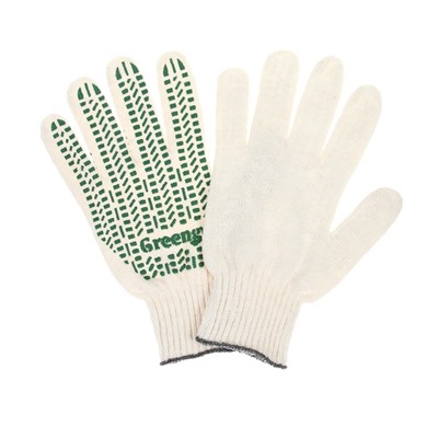 Перчатки, х/б, вязка 10 класс, 4 нити, размер 9, с ПВХ протектором, белые, Greengo