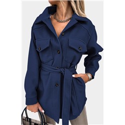 Blue Lapel Button-Down Coat with Chest Pockets