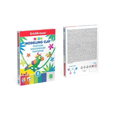 Пластилин 8 цветов, 144 г, ErichKrause Neon, неоновый + 2 белых, со стеком, улучшенная формула, в картонной упаковке