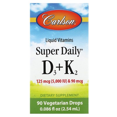 Carlson Super Daily D3 + K2, 125 mcg (5,000 IU) & 90 mcg, 90 Vegetarian Drops, 0.086 fl oz (2.54 ml)