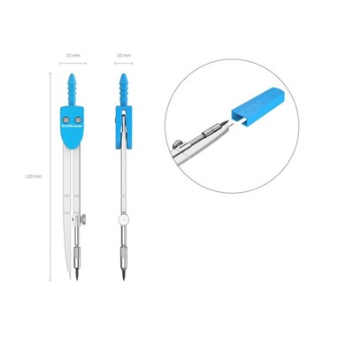 Циркуль металлический, Erich Krause S-Cool, 120 мм, максимальный радиус 18 см, пластиковый чехол с линейкой, европодвес, МИКС