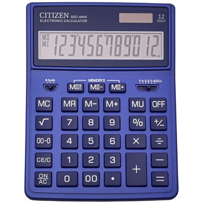 Калькулятор настольный Citizen "SDC-444XRNVE", 12-разрядный, 155 х 204 х 33 мм, двойное питание, темно-синий