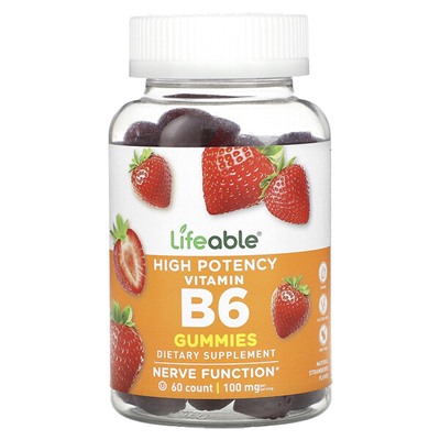 Lifeable Vitamin B6 Gummies, High Potency, Natural Strawberry, 50 mg, 60 Gummies