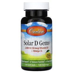 Carlson Solar D Gems, Natural Lemon, 50 mcg (2,000 IU), 120 Soft Gels