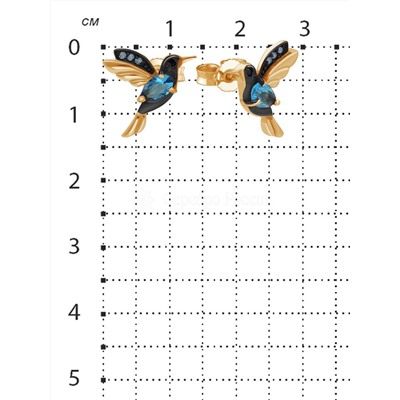 Серьги-пусеты из золочёного серебра с пл.кварцем цв.топаз,чёрный и фианитами - Колибри